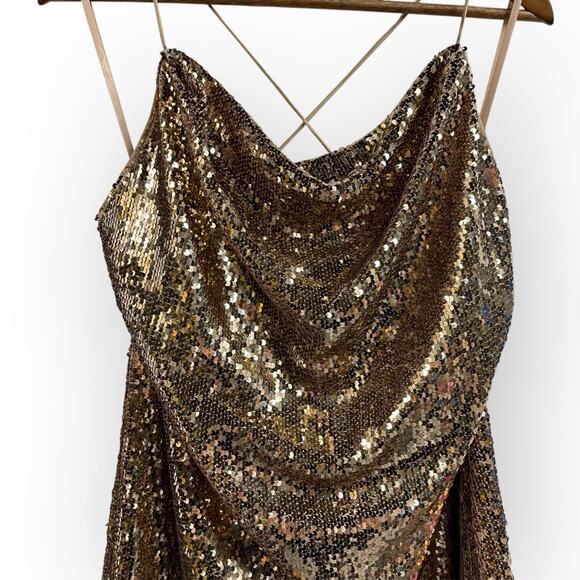 Gold Sequin Mini Dress Strappy Open Back 10 ASOS Design Party - Picture 2 of 8